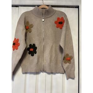 Sioni Tan Zip-Up Daisy Floral Cardigan Sweater Retro 70 Medium
